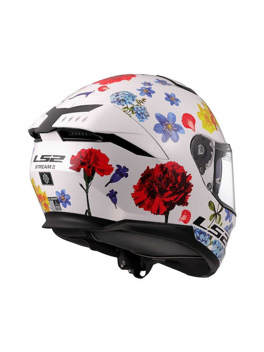 LS2 Stream II FF808 Flowers White Gloss Motorcycle Helmet Full Face ECE 22.06 1550gr with Sunvisor