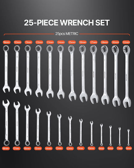 Set de chei combinate Vevor 25 piese metric 6 mm până la 32 mm cu husă rulabilă