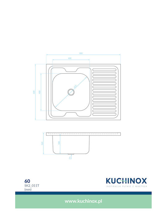 Kuchinox 60 Επικαθήμενος Νεροχύτης Inox Μ80xΠ60cm Ασημί