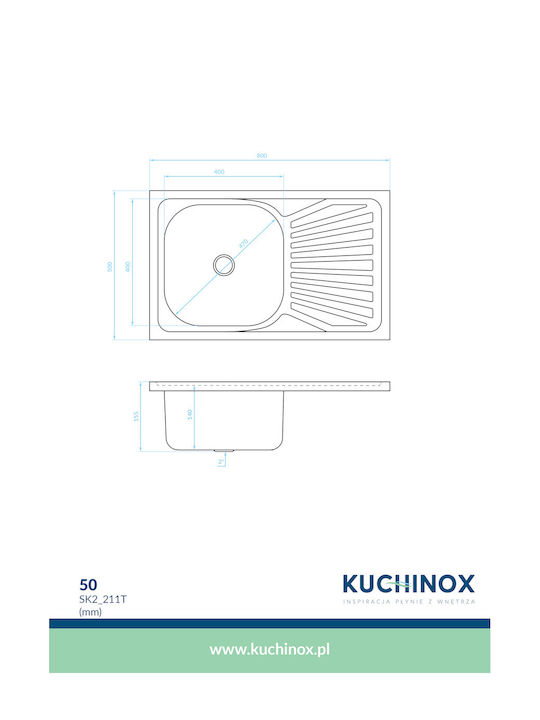 Kuchinox 50 SK2_211T Vasul Chiuvetă Stânga Inox Satinat L80xW50cm Argintiu