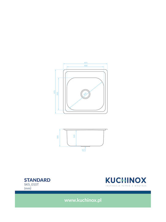Kuchinox Standard Ένθετος Νεροχύτης Inox Σατινέ Μ48xΠ48cm Ασημί