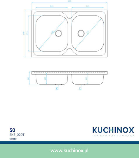 Kuchinox 50 2 Επικαθήμενος Inox Σατινέ Μ80xΠ50cm Ασημί