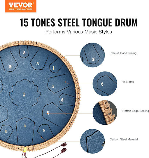 Vevor Tobă de limbă din oțel Vevor 14 in 15 Rain Drum Outside C Major Albastru Marin