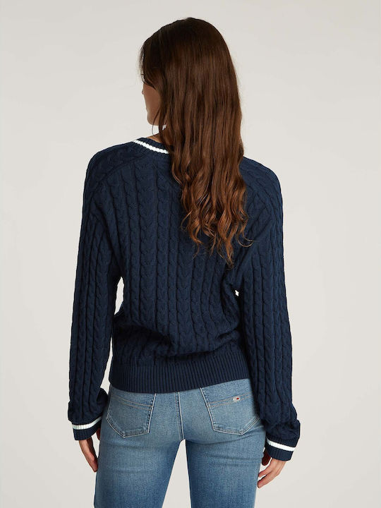 Tommy Hilfiger Tjw Badge Cable Women's Long Sleeve Sweater with V Neckline Blue