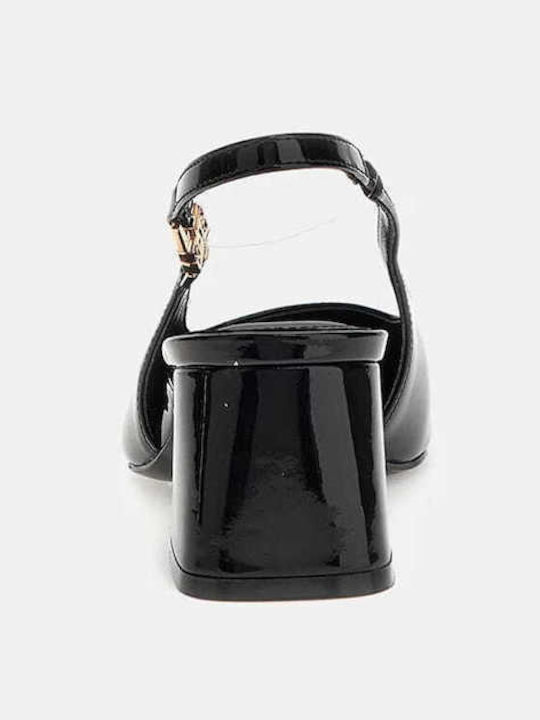 Patent Leather Pointed Toe Black Medium Heels with Strap