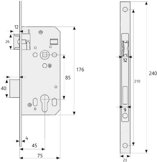 Abus Recessed Lock Front door with Cylinder and Center 45mm Silver