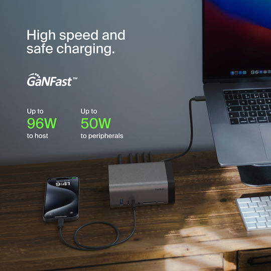 Belkin 11-in-1 Pro GaN Dock USB-C Docking Station with HDMI 4K PD Ethernet and Support for 3 Monitors Gray