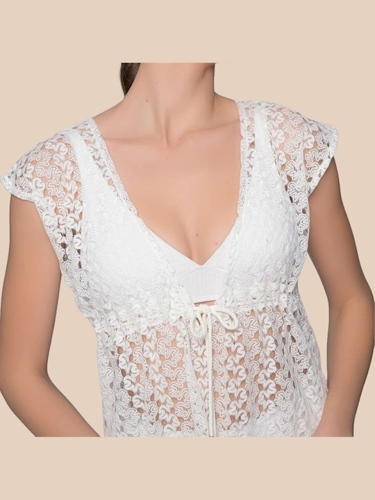 Milena By Paris Γυναικείο Κοντό Ivory Πλεκτό Καφτάνι Σκισίματα Στο Πλάι 040241-Εκρού Ivory