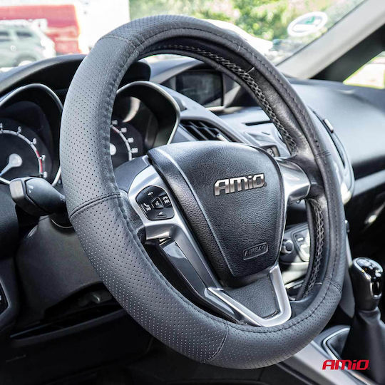 AMiO Husă Volan Auto Din Piele Negru cu Cusătură Neagră