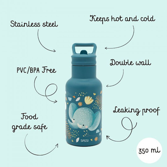 Sassi Junior Elephant Elephant Детска Бутилка За Вода Неръждаема Стомана Със Сламка Сива 350ml