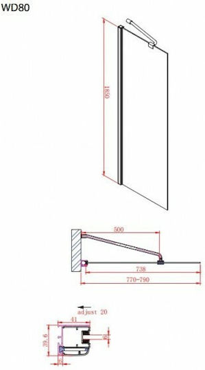Devon Iwis Walk-in Διαχωριστικό Ντουζιέρας με Συρόμενη Πόρτα 77-79x185cm Clean Glass Chrome