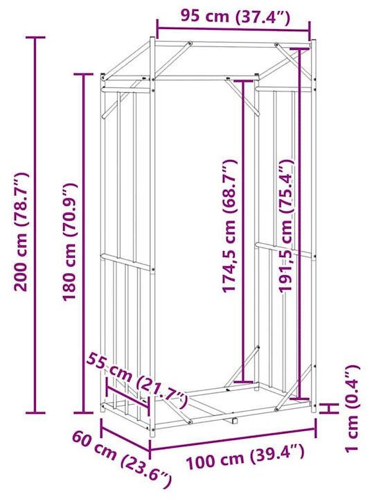 vidaXL Ξύλινο Ράφι Αποθήκευσης Ξύλων 100x60x200cm Μαύρο