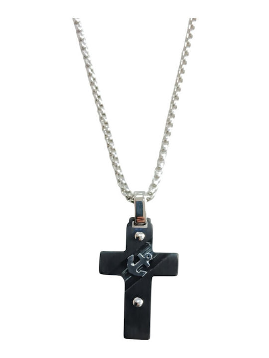 Kalliopi Silver Crucifix Masculin Negru Din Oțel Cu Lanț