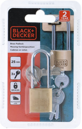Black & Decker Steel Padlock Lengthened with Key 25mm Black 1pcs