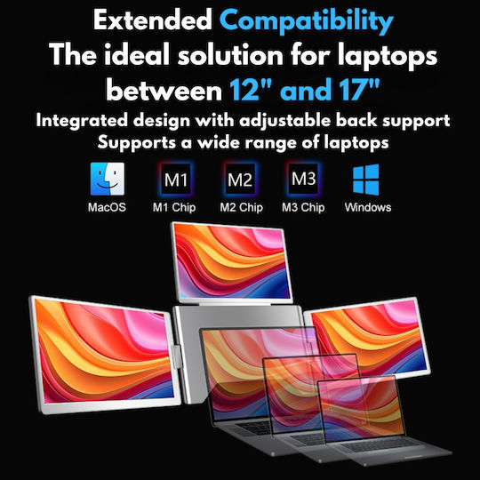 Quad-screen Expandable Portable Laptop 3 X 14" Full Hd 1200p Screens 100% Srgb Foldable Rotatable 360° Compatible 13"-17.3" Laptops Windows Macos Complete Workstation Multitasking