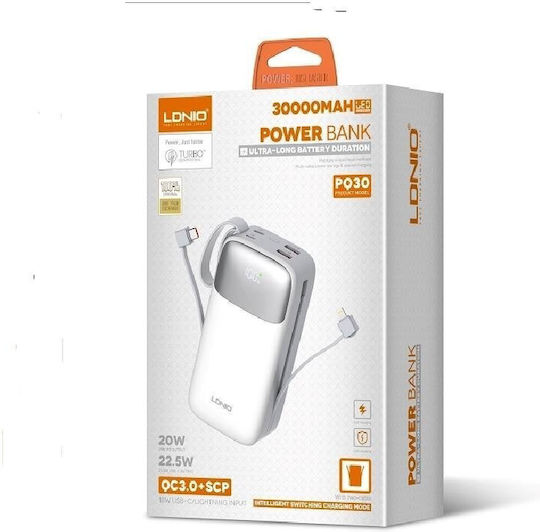 Ldnio PQ30 Power Bank 30000mAh 20W με 2 Θύρες USB-A και Θύρα USB-C Power Delivery Λευκό