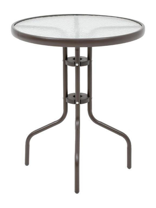 001 Outdoor Dinner Free Standing Table with Glass Surface and Metal Frame Brown 60x60x72cm