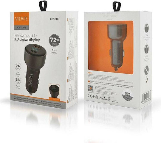 Vidvie Încărcător Auto Cu Mufă De Brichetă 27W Cu Porturi 1xUSB-A 1xType-C Culoare Gri