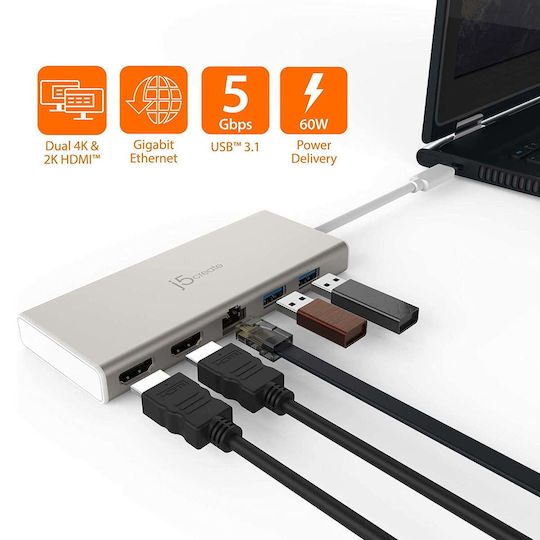 J5create USB-C Докинг станция с HDMI 4K PD Ethernet и свързване 2 монитора Златист (JCD381)