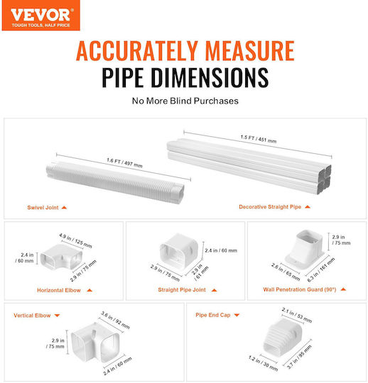 Set de Acoperire pentru Conducte Mini Split Vevor 76,2mm Lățime 3110mm Lungime PVC Conductă Decorativă pentru Aer Condiționat 5 Conducte Drepte & Accesorii Complete Instalare Ușoară Vopsibilă Pompe de Căldură Alb