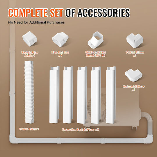 Set de Acoperire pentru Conducte Mini Split Vevor 76,2mm Lățime 3110mm Lungime PVC Conductă Decorativă pentru Aer Condiționat 5 Conducte Drepte & Accesorii Complete Instalare Ușoară Vopsibilă Pompe de Căldură Alb