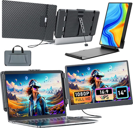 Expandable Portable Laptop Monitor Visionhub 14-inch Fhd 1080p Ips Screen Extender 13-inch To 17-inch Laptops 360-degree Foldable Dual-screen Compatible Ios Android Windows Mac Usb-c Hdmi Ports Plug Play