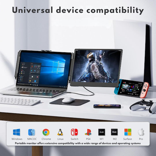 Expandable Portable Laptop Monitor Visionhub 14-inch Fhd 1080p Ips Screen Extender 13-inch To 17-inch Laptops 360-degree Foldable Dual-screen Compatible Ios Android Windows Mac Usb-c Hdmi Ports Plug Play