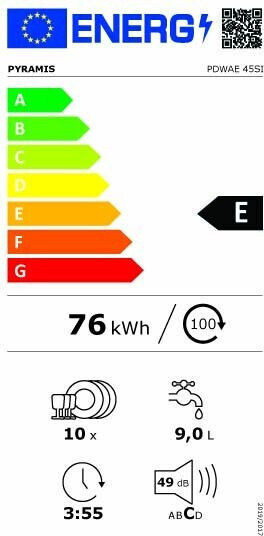Pyramis Вградена съдомиялна машина за 10 комплекта Ш44.8xВ81.5см. PDWAE 45SI