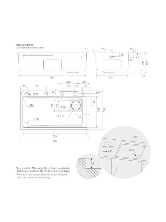 Built-in Sink 80x46 Cm Faucet Complete Set 8 Pieces Stainless Steel Anthracite Ml Design
