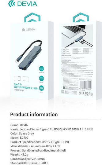 Devia USB-Hub 4 Anschlüsse USB 3.0 mit USB-A Anschluss Grau