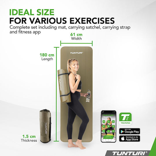 Tunturi Covor de exerciții fizice Pilates Verde cu curea de transport (180x60x1.5cm)