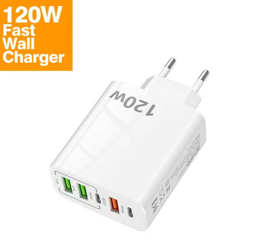 Încărcător Fără Cablu cu 3 Porturi USB-A și 2 Porturi USB-C 120W Quick Charge 3.0 Albς