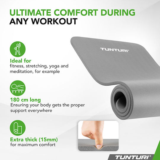 Tunturi Trainingsmatte Pilates Grau mit Tragegurt (180x60x1.5cm)