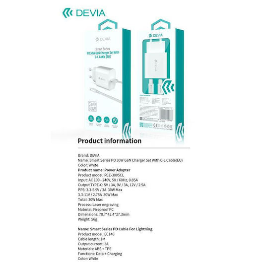 Devia Φορτιστής GaN με Θύρα USB-C και Καλώδιο USB-C - Lightning 30W Power Delivery Λευκός (RCE-3005CL)