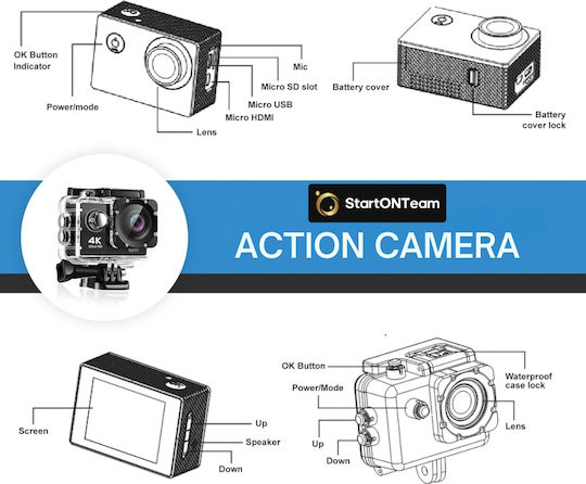 Action Camera 4K Ultra HD Underwater (with Case) with Screen and Wi-Fi Gray