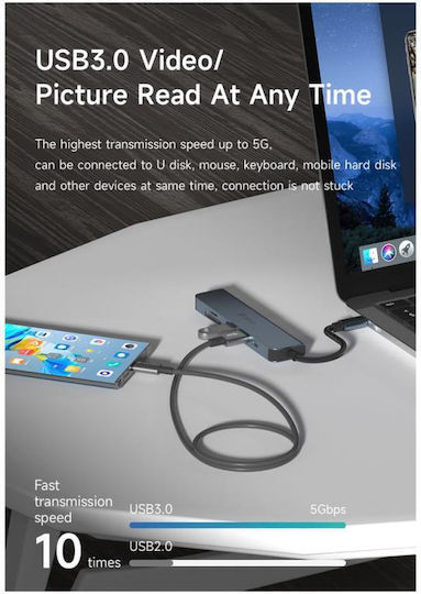 Devia USB Hub 5 Ports USB 3.1 with USB-C Connection Gray