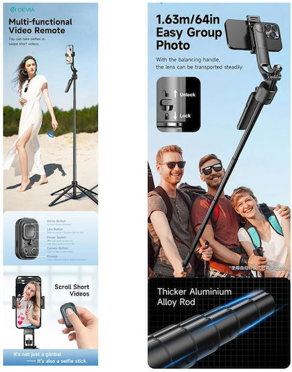 Devia ES086 C17 AI Face Tracking Selfie Stick Trepied Pentru Telefon Mobil Bluetooth Negru