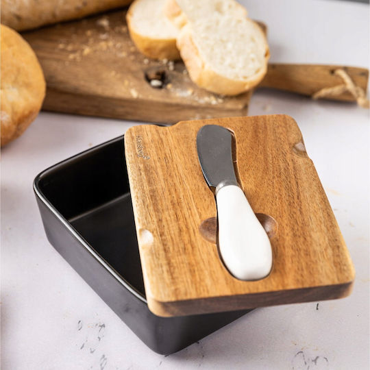 Porzellan-Butterdose mit Messer und Akazienholzdeckel Klausberg Kb-7784 Schwarz