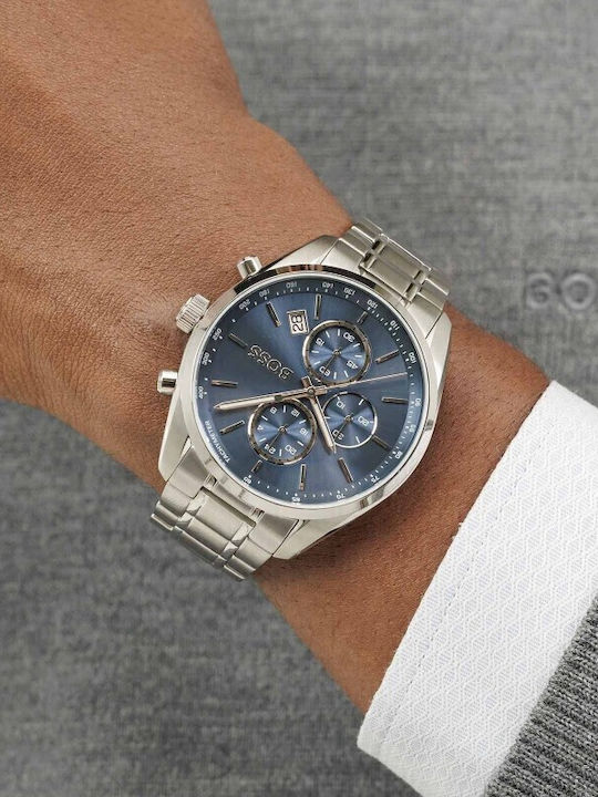 Boss Grand Prix Herrenuhr Chronograph Batterie mit Silber Metallarmband