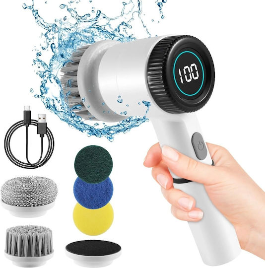 Perie electrică rotativă fără fir pentru curățenie 5 capete 3 viteze Încărcare USB Impermeabilă Afișaj digital Albă