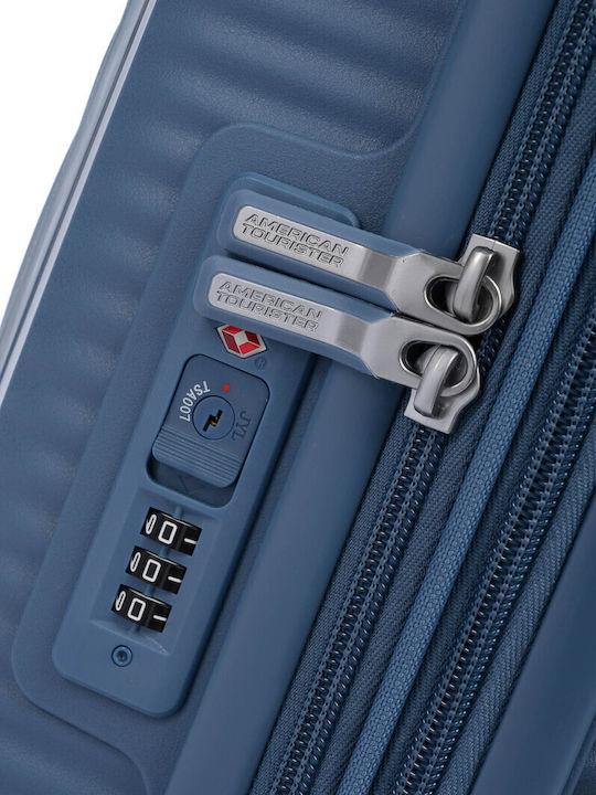 American Tourister Soundbox Spinner Cabin Hard Blue Suitcase with 4 Wheels Height 55cm