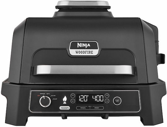 Ninja Woodfire Pro XL Открита Скара И Пушач Настолна Електрическа Скара С Релефна Плоча 2400W С Капак И Регулируем Термостат 38x28см