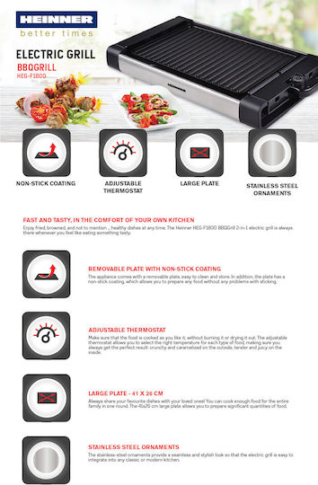 Heinner Tabletop Grătar Electric Placă Striată 1800W cu Termostat Reglabil 41bucx26buccm