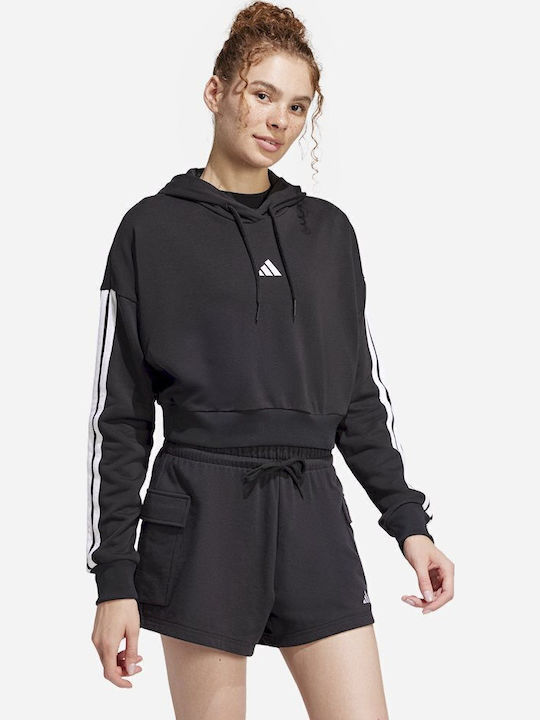 3-Stripes Френски Тери Изрязан Дамски Суитшърт Френски Тери Худи Черен
