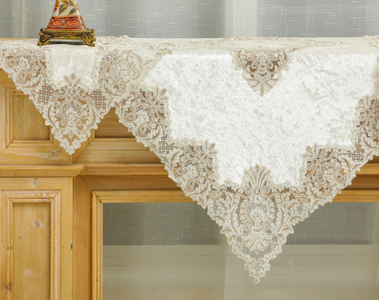 Pls-tb031 Ivory Βελούδινο Κέντημα Μεταξωτή Δαντέλα 85×85 Liolios Home