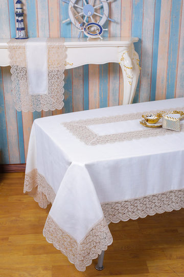 Qz1600053 Cappuccino Λινό Κέντημα Μεταξωτή Δαντέλα 60%linen 40%pol 160×260 Liolios Home