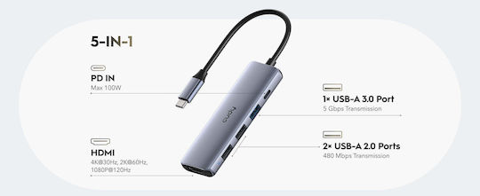 Cudy UH405 USB-C Докинг станция с HDMI 4K PD Сребрист