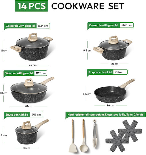 Just Perfecto Cookware Set of Aluminum Black with Ceramic Interior Coating 14 Pieces