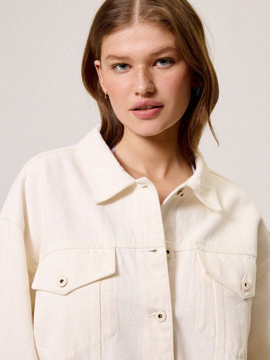 Mânecă lungă Femei Denim Cămașă Cream