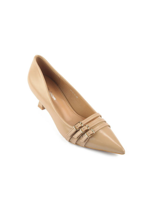 Fshoes Pointed Toe Beige Medium Heels with Strap